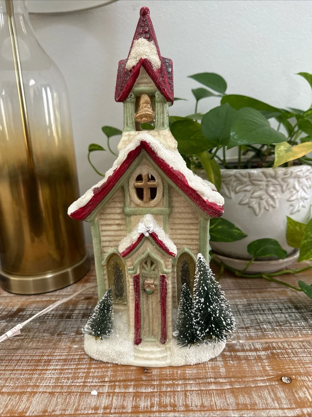Vintage Ceramic Lighted Christmas Church Building Red Roof with Snow Trees